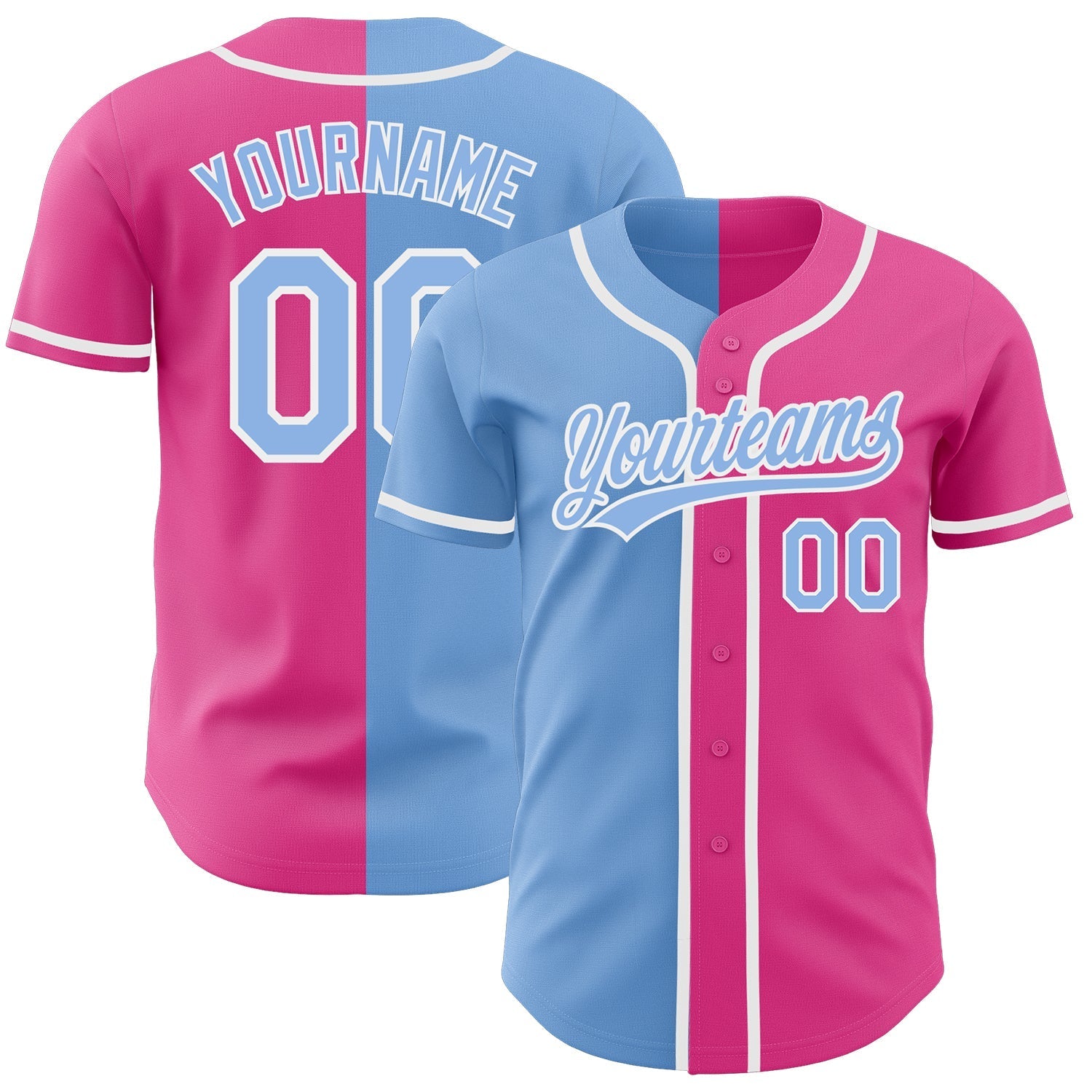 Custom Pink Light Blue-White Authentic Split Fashion Baseball Jersey baseball jersey product view 1