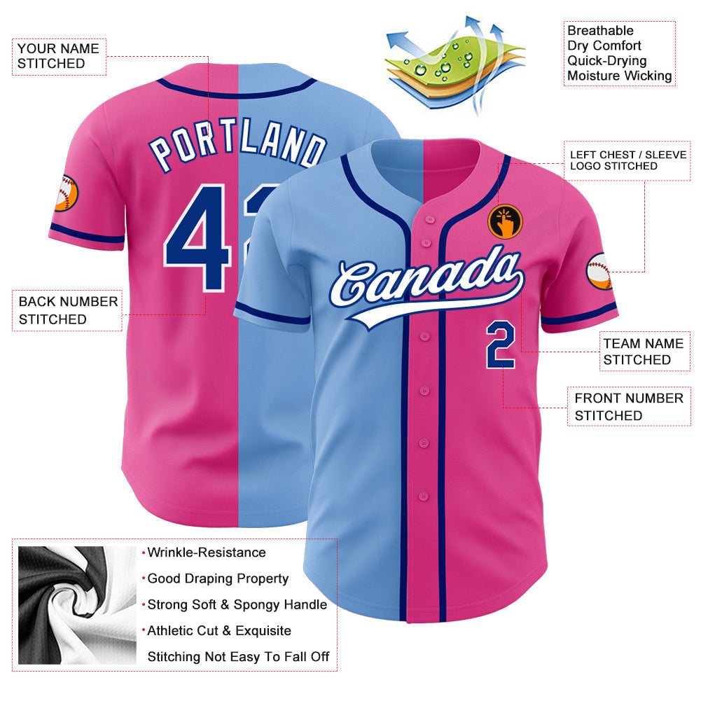 Custom Pink Royal-Light Blue Authentic Split Fashion Baseball Jersey baseball jersey product view 3