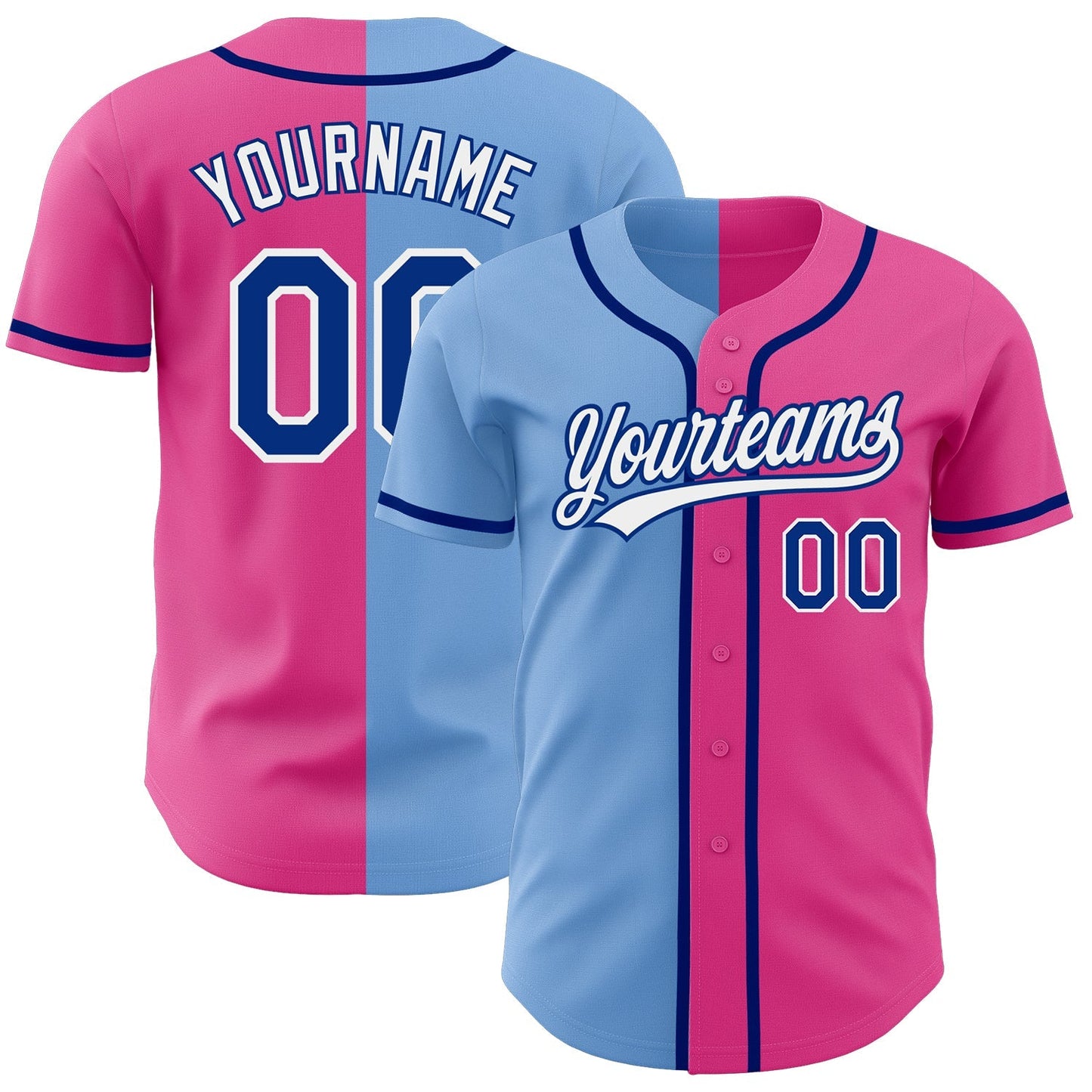 Custom Pink Royal-Light Blue Authentic Split Fashion Baseball Jersey baseball jersey product view 1