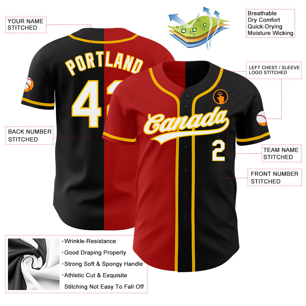 Custom Black White Red-Gold Authentic Split Fashion Baseball Jersey baseball jersey product view 3