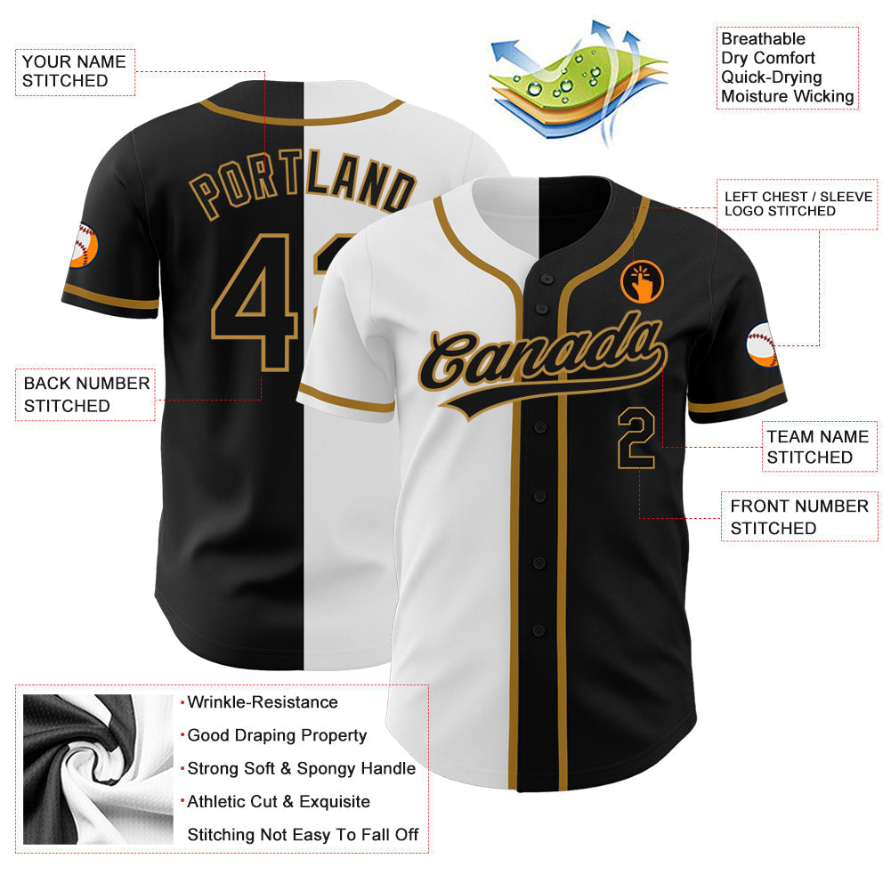 Custom Black Black White-Old Gold Authentic Split Fashion Baseball Jersey baseball jersey product view 3