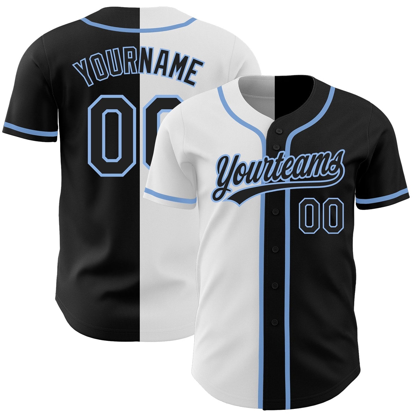 Custom Black Black White-Light Blue Authentic Split Fashion Baseball Jersey baseball jersey product view 1