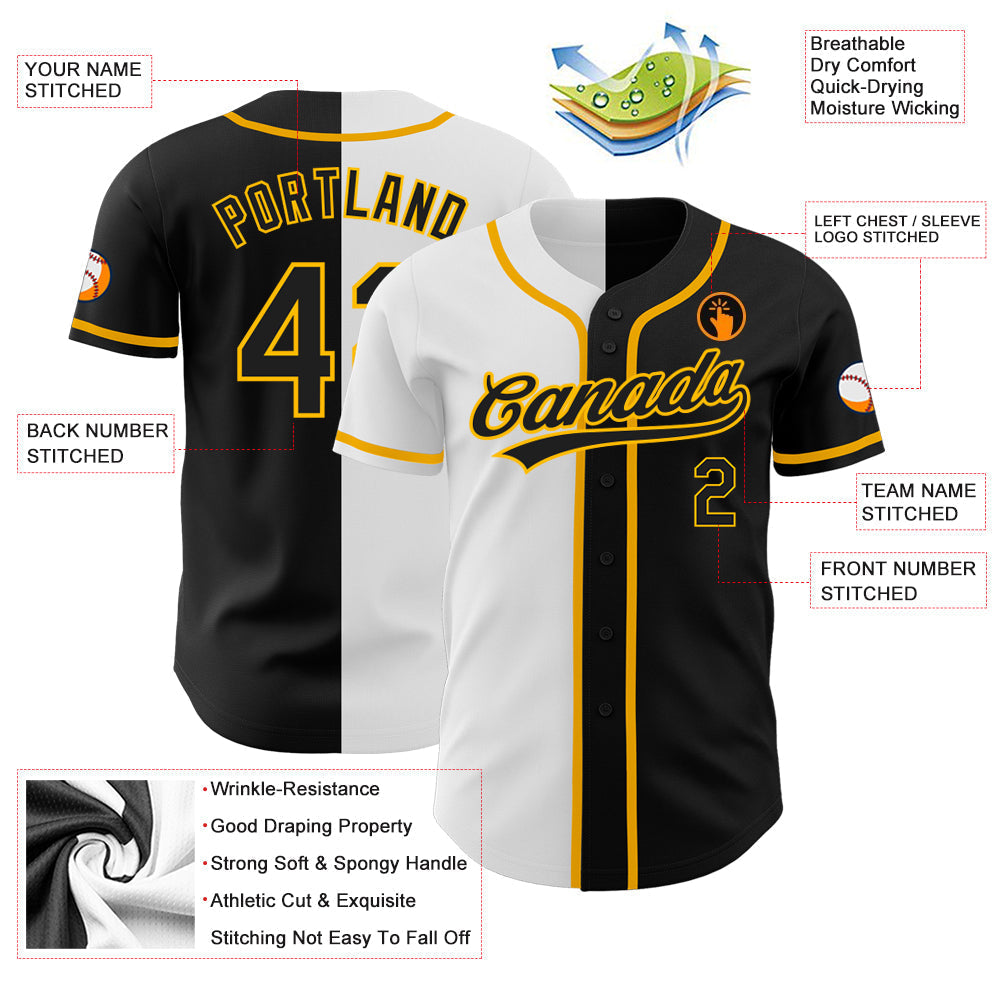 Custom Black Black White-Gold Authentic Split Fashion Baseball Jersey baseball jersey product view 3