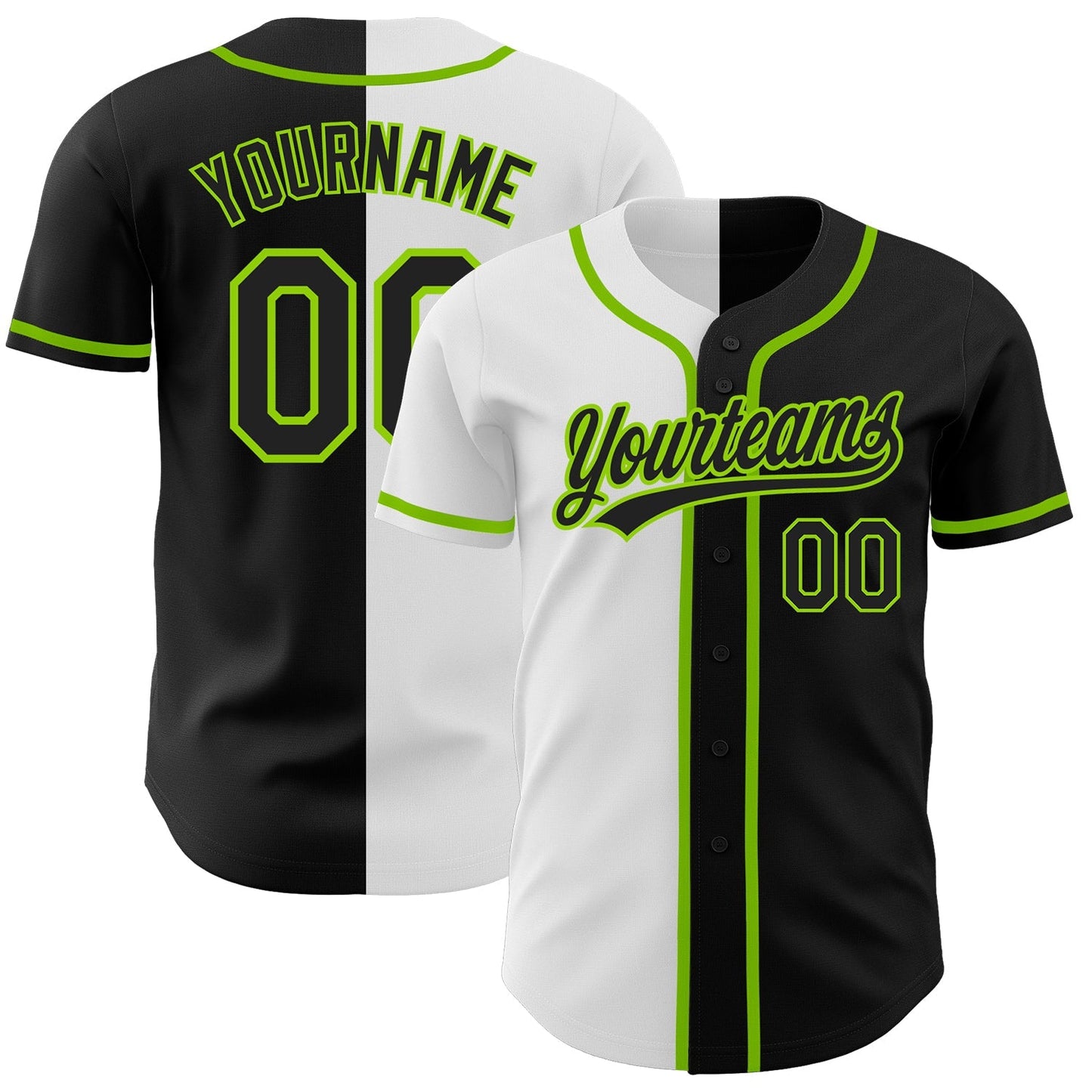 Custom Black Black White-Neon Green Authentic Split Fashion Baseball Jersey baseball jersey product view 1