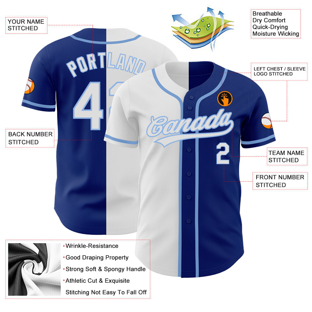 Custom Royal White-Light Blue Authentic Split Fashion Baseball Jersey baseball jersey product view 3