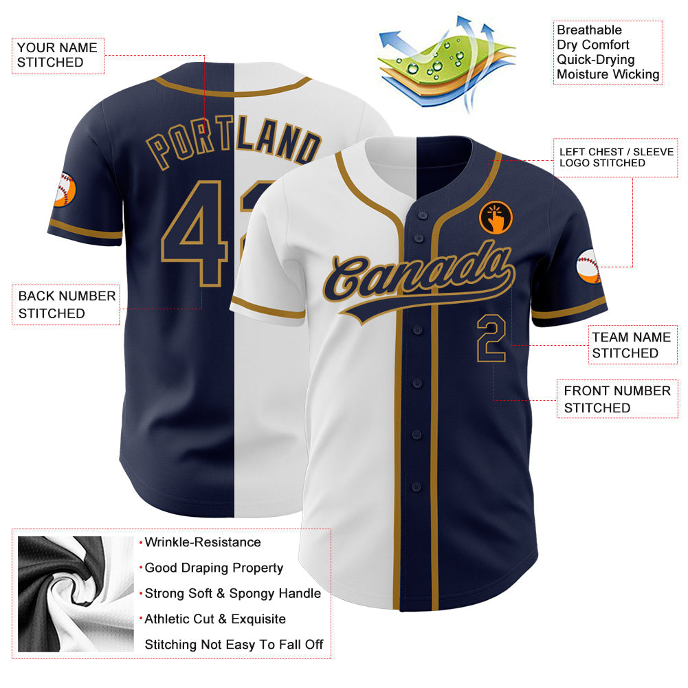 Custom Navy Navy White-Old Gold Authentic Split Fashion Baseball Jersey baseball jersey product view 3