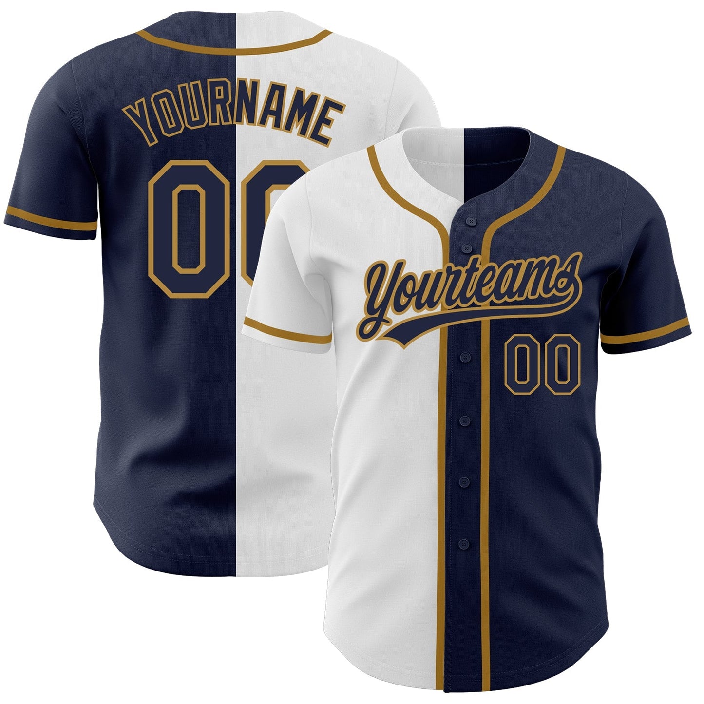 Custom Navy Navy White-Old Gold Authentic Split Fashion Baseball Jersey baseball jersey product view 1