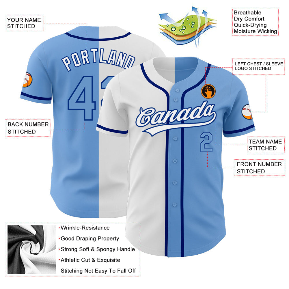 Custom Light Blue Light Blue White-Royal Authentic Split Fashion Baseball Jersey baseball jersey product view 3