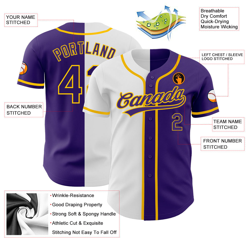 Custom Purple Purple White-Gold Authentic Split Fashion Baseball Jersey baseball jersey product view 3