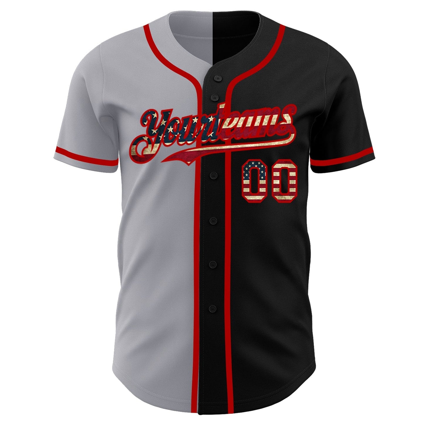 Custom Black Vintage USA Flag Gray-Red Authentic Split Fashion Baseball Jersey baseball jersey product view 2