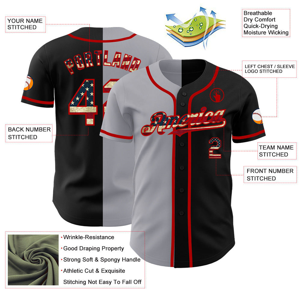 Custom Black Vintage USA Flag Gray-Red Authentic Split Fashion Baseball Jersey baseball jersey product view 3