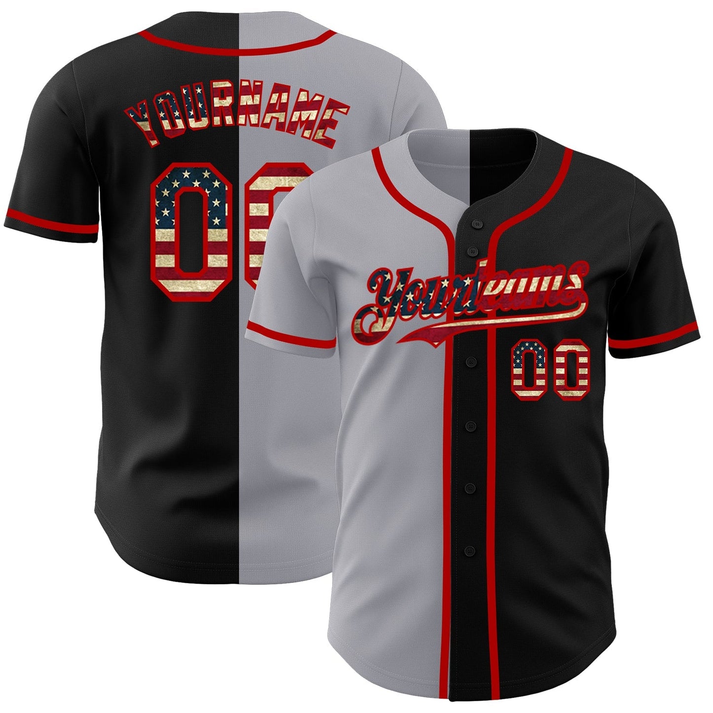 Custom Black Vintage USA Flag Gray-Red Authentic Split Fashion Baseball Jersey baseball jersey product view 1