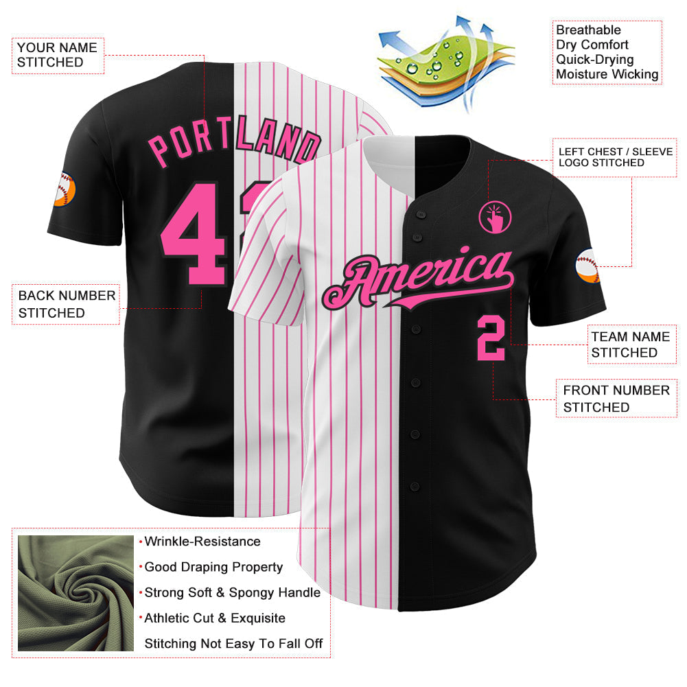 Custom Black White-Pink Pinstripe Authentic Split Fashion Baseball Jersey baseball jersey product view 3