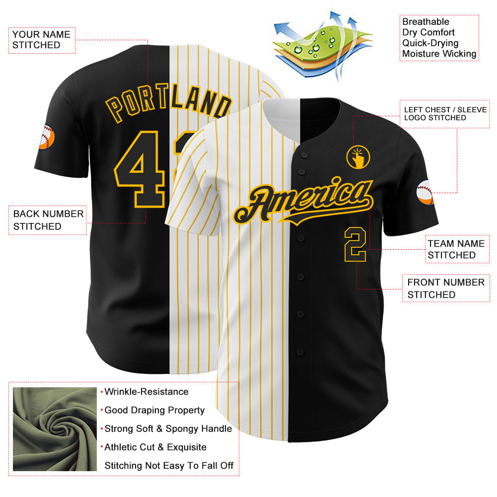 Custom Black White-Gold Pinstripe Authentic Split Fashion Baseball Jersey baseball jersey product view 3