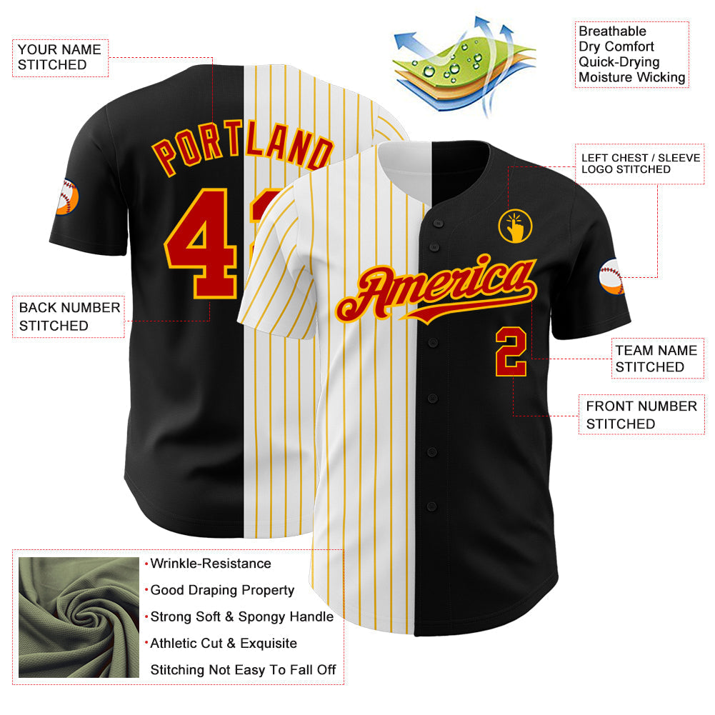 Custom Black Red-Gold Pinstripe Authentic Split Fashion Baseball Jersey baseball jersey product view 3