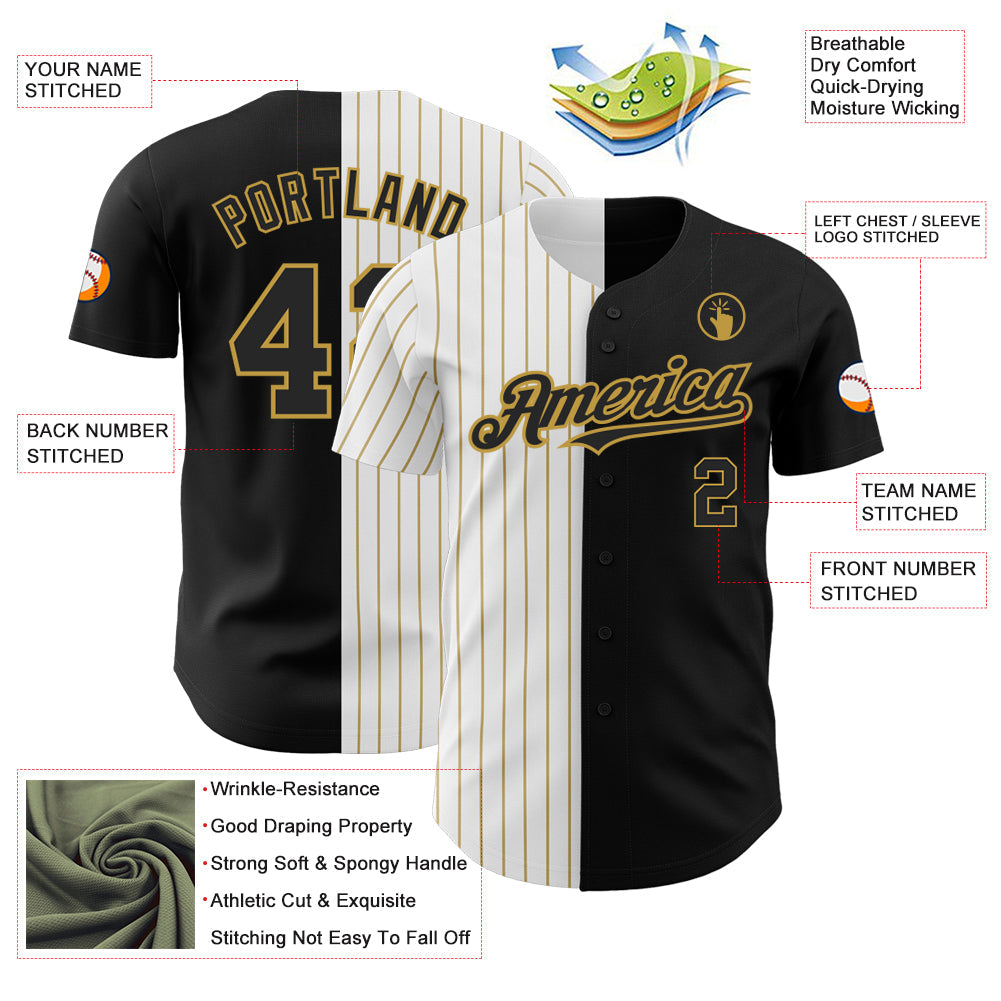Custom Black White-Old Gold Pinstripe Authentic Split Fashion Baseball Jersey baseball jersey product view 3