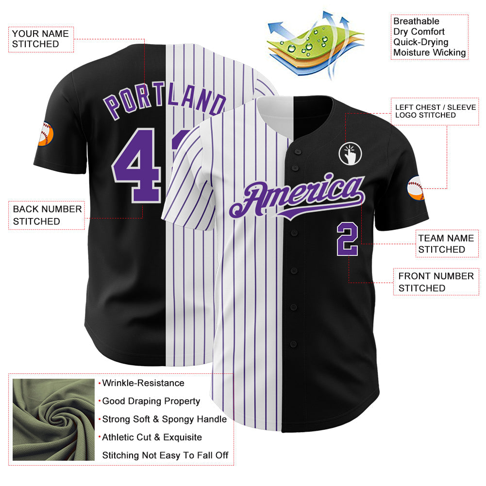 Custom Black White-Purple Pinstripe Authentic Split Fashion Baseball Jersey baseball jersey product view 3