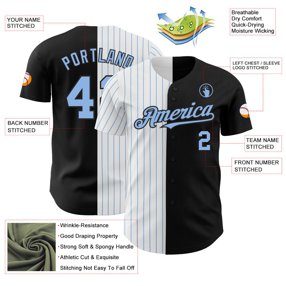Custom Black White-Light Blue Pinstripe Authentic Split Fashion Baseball Jersey baseball jersey product view 3