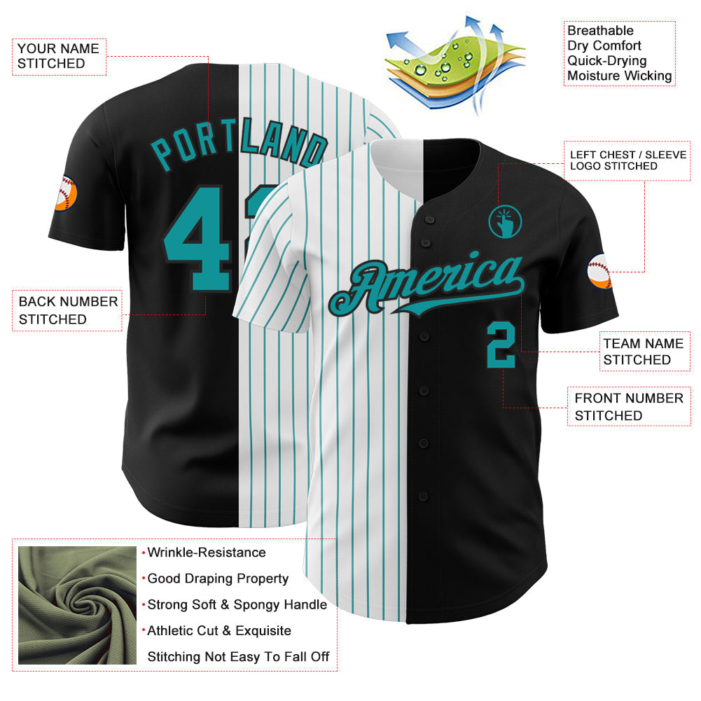 Custom Black White-Teal Pinstripe Authentic Split Fashion Baseball Jersey baseball jersey product view 3