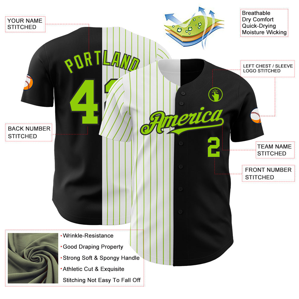 Custom Black White-Neon Green Pinstripe Authentic Split Fashion Baseball Jersey baseball jersey product view 3