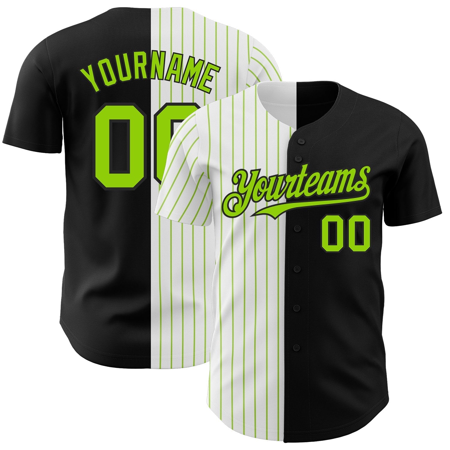 Custom Black White-Neon Green Pinstripe Authentic Split Fashion Baseball Jersey baseball jersey product view 1