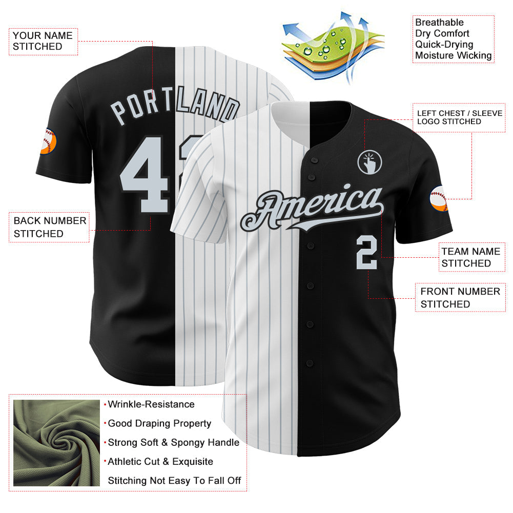 Custom Black White-Silver Pinstripe Authentic Split Fashion Baseball Jersey baseball jersey product view 3