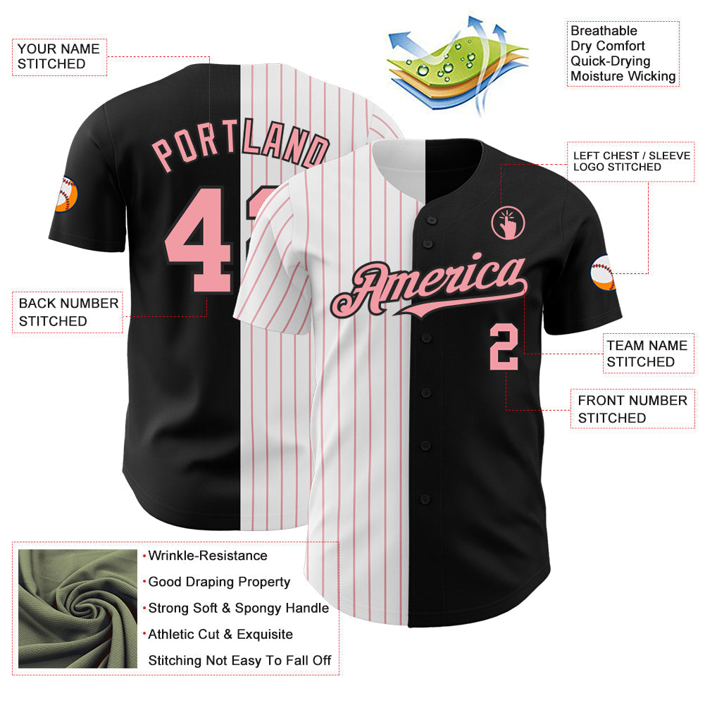 Custom Black White-Medium Pink Pinstripe Authentic Split Fashion Baseball Jersey baseball jersey product view 3
