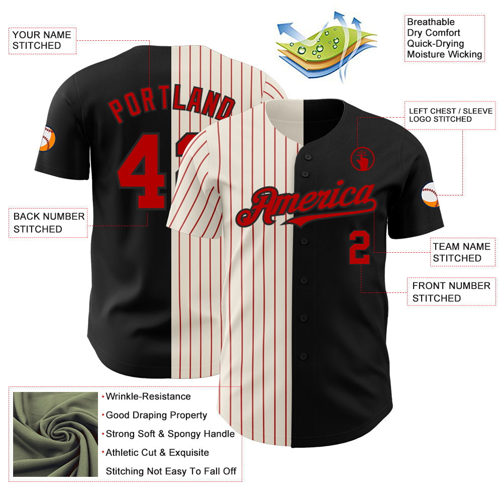 Custom Black Cream-Red Pinstripe Authentic Split Fashion Baseball Jersey baseball jersey product view 3