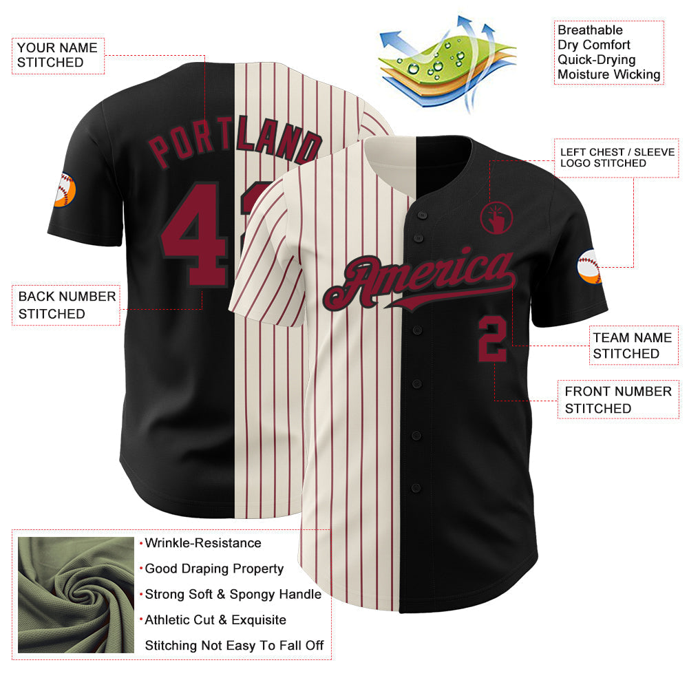 Custom Black Cream-Crimson Pinstripe Authentic Split Fashion Baseball Jersey baseball jersey product view 3