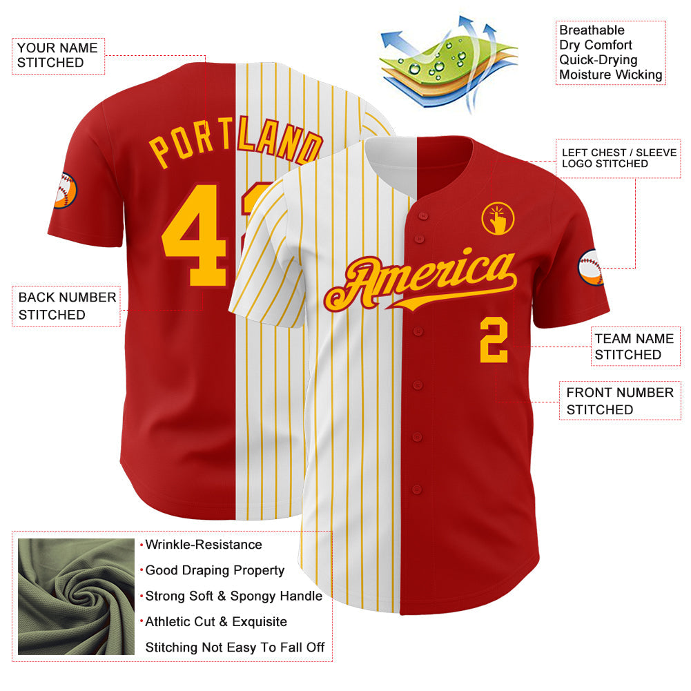 Custom Red White-Gold Pinstripe Authentic Split Fashion Baseball Jersey baseball jersey product view 3
