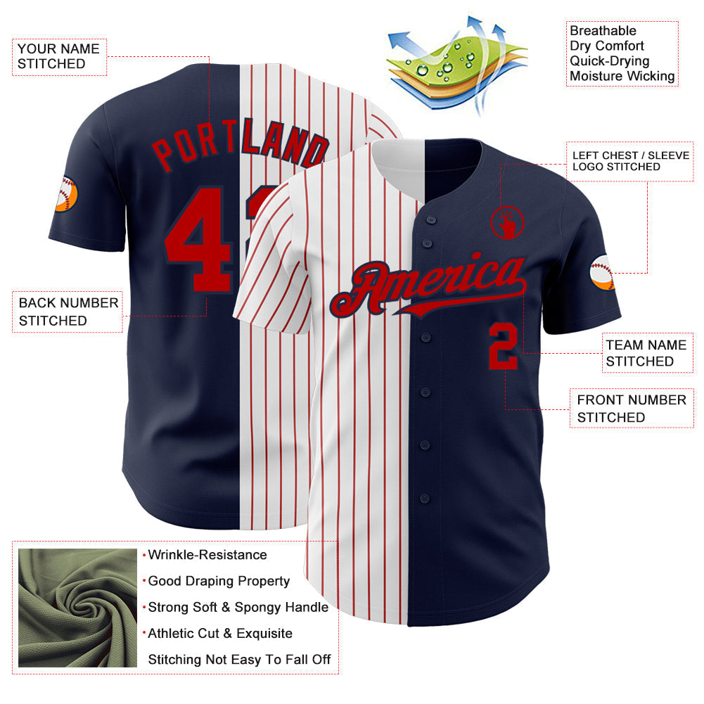 Custom Navy White-Red Pinstripe Authentic Split Fashion Baseball Jersey baseball jersey product view 3