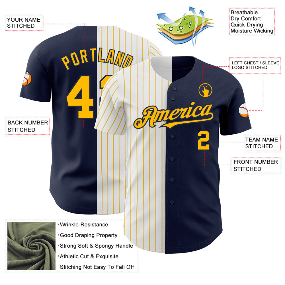 Custom Navy White-Gold Pinstripe Authentic Split Fashion Baseball Jersey baseball jersey product view 3