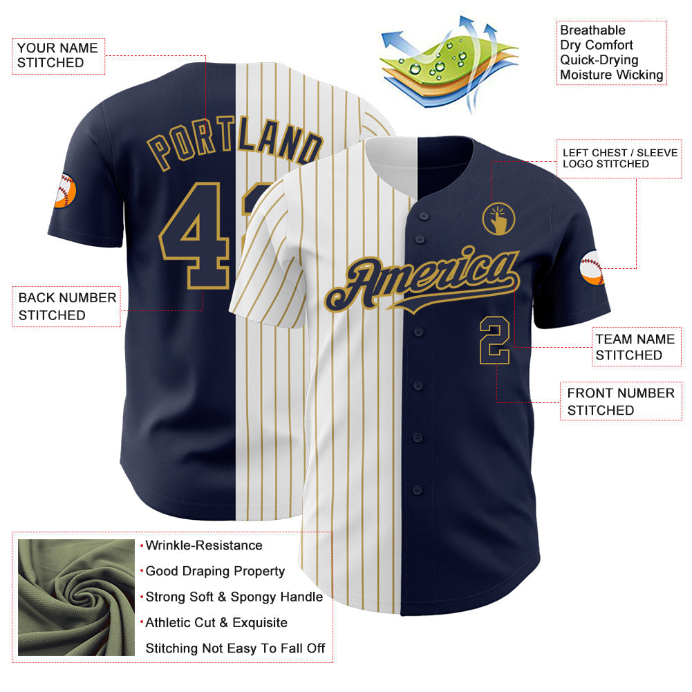 Custom Navy White-Old Gold Pinstripe Authentic Split Fashion Baseball Jersey baseball jersey product view 3