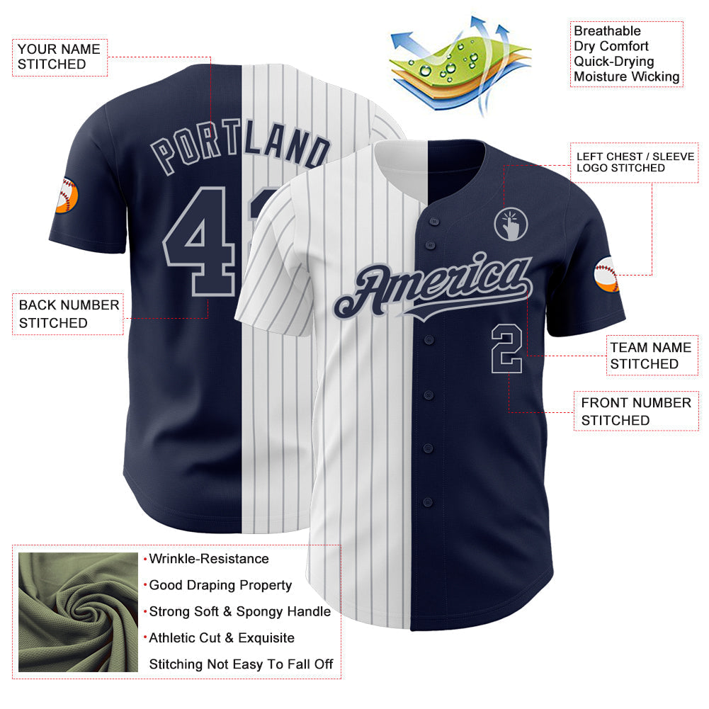 Custom Navy White-Gray Pinstripe Authentic Split Fashion Baseball Jersey baseball jersey product view 3