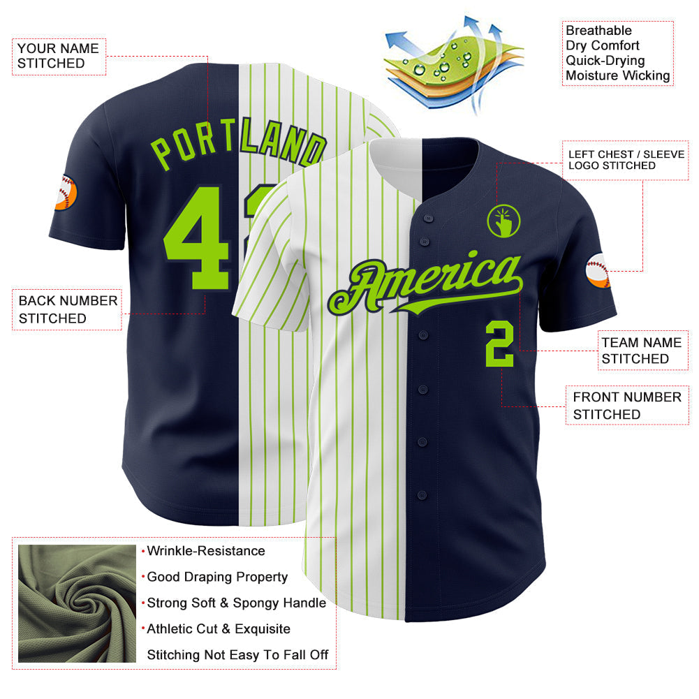 Custom Navy White-Neon Green Pinstripe Authentic Split Fashion Baseball Jersey baseball jersey product view 3