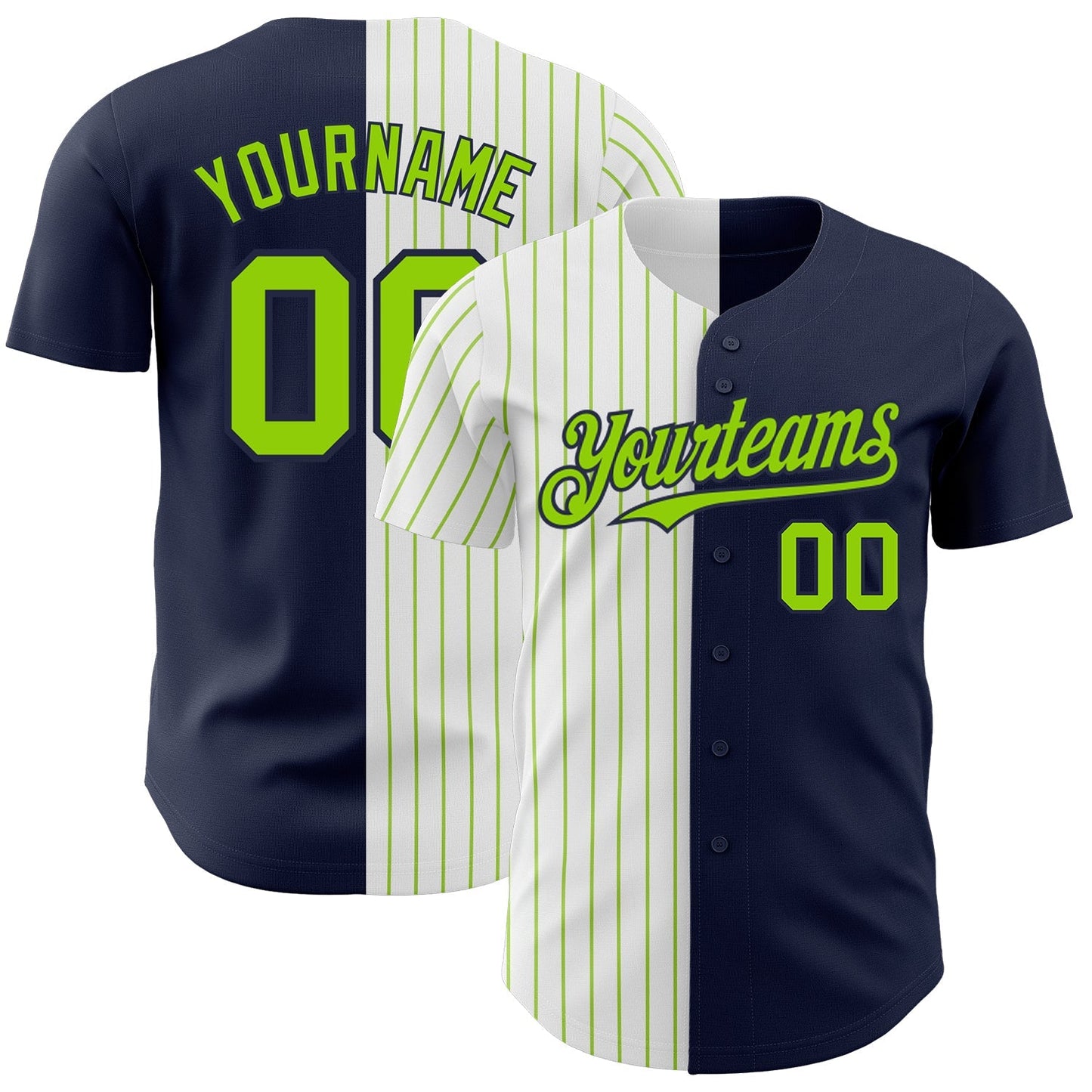 Custom Navy White-Neon Green Pinstripe Authentic Split Fashion Baseball Jersey baseball jersey product view 1