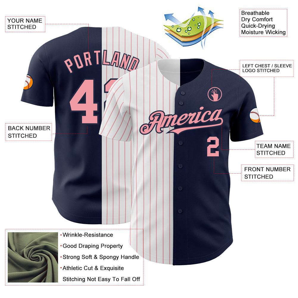 Custom Navy White-Medium Pink Pinstripe Authentic Split Fashion Baseball Jersey baseball jersey product view 3