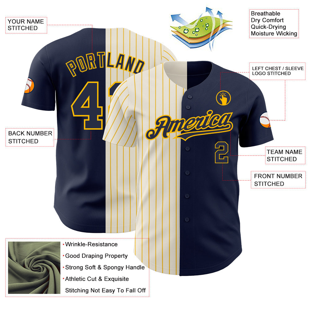 Custom Navy Cream-Gold Pinstripe Authentic Split Fashion Baseball Jersey baseball jersey product view 3