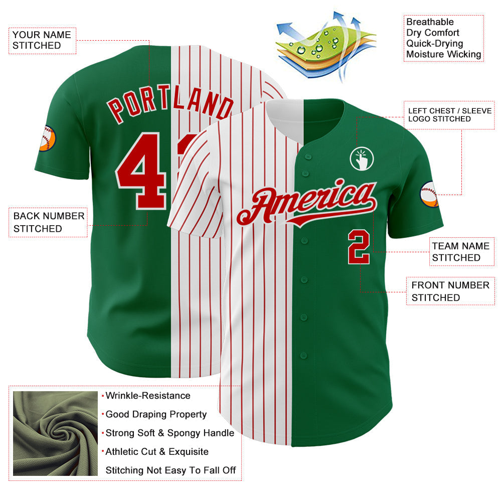 Custom Kelly Green White-Red Pinstripe Authentic Split Fashion Baseball Jersey baseball jersey product view 3