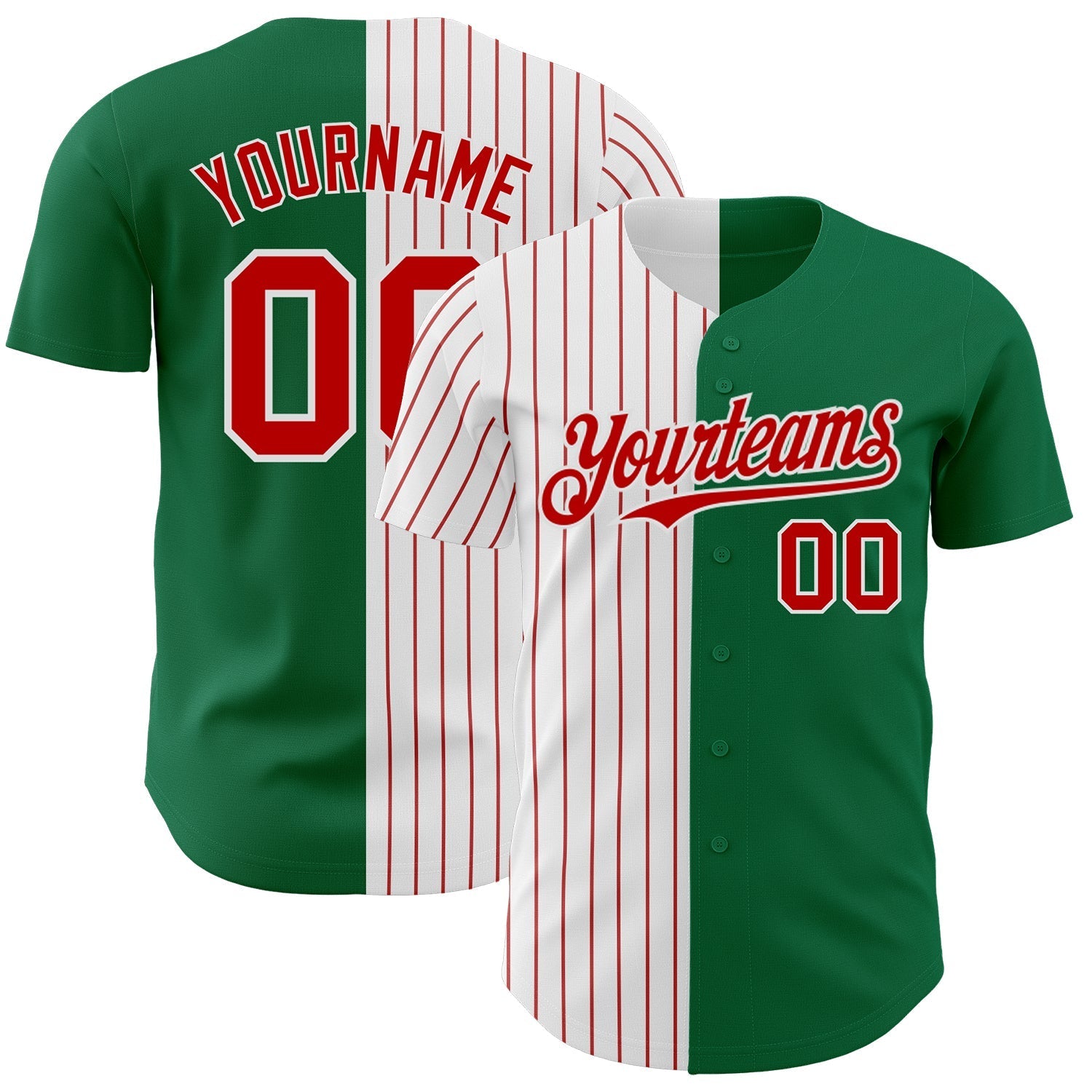 Custom Kelly Green White-Red Pinstripe Authentic Split Fashion Baseball Jersey baseball jersey product view 1