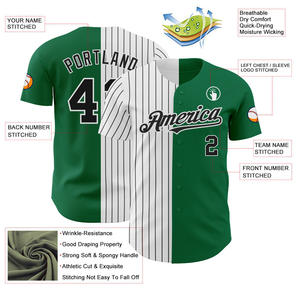 Custom Kelly Green White-Black Pinstripe Authentic Split Fashion Baseball Jersey baseball jersey product view 3