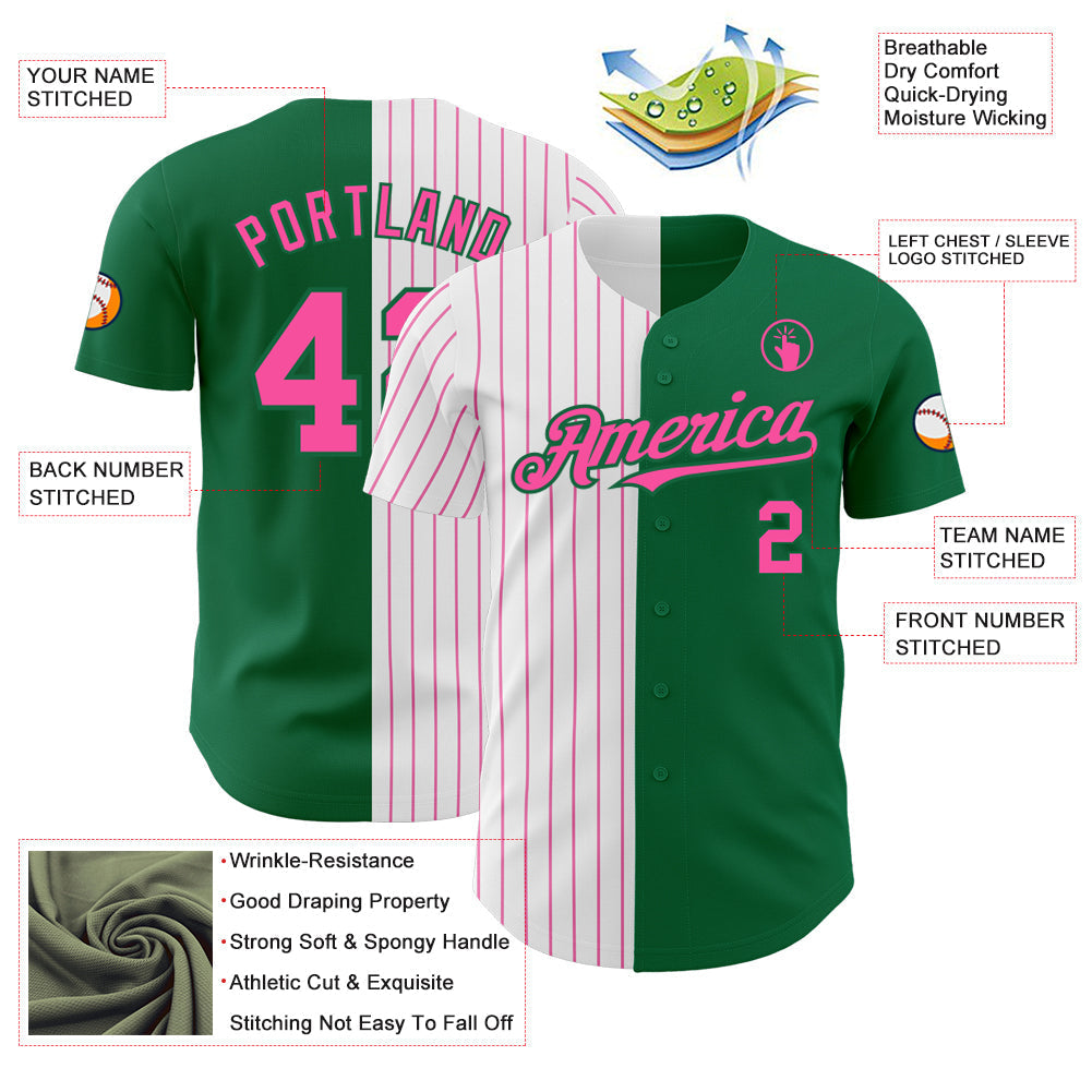 Custom Kelly Green White-Pink Pinstripe Authentic Split Fashion Baseball Jersey baseball jersey product view 3