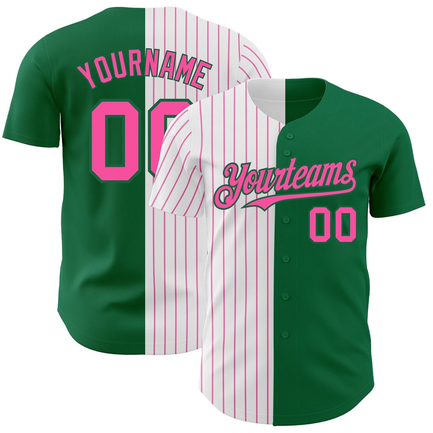 Custom Kelly Green White-Pink Pinstripe Authentic Split Fashion Baseball Jersey baseball jersey product view 1