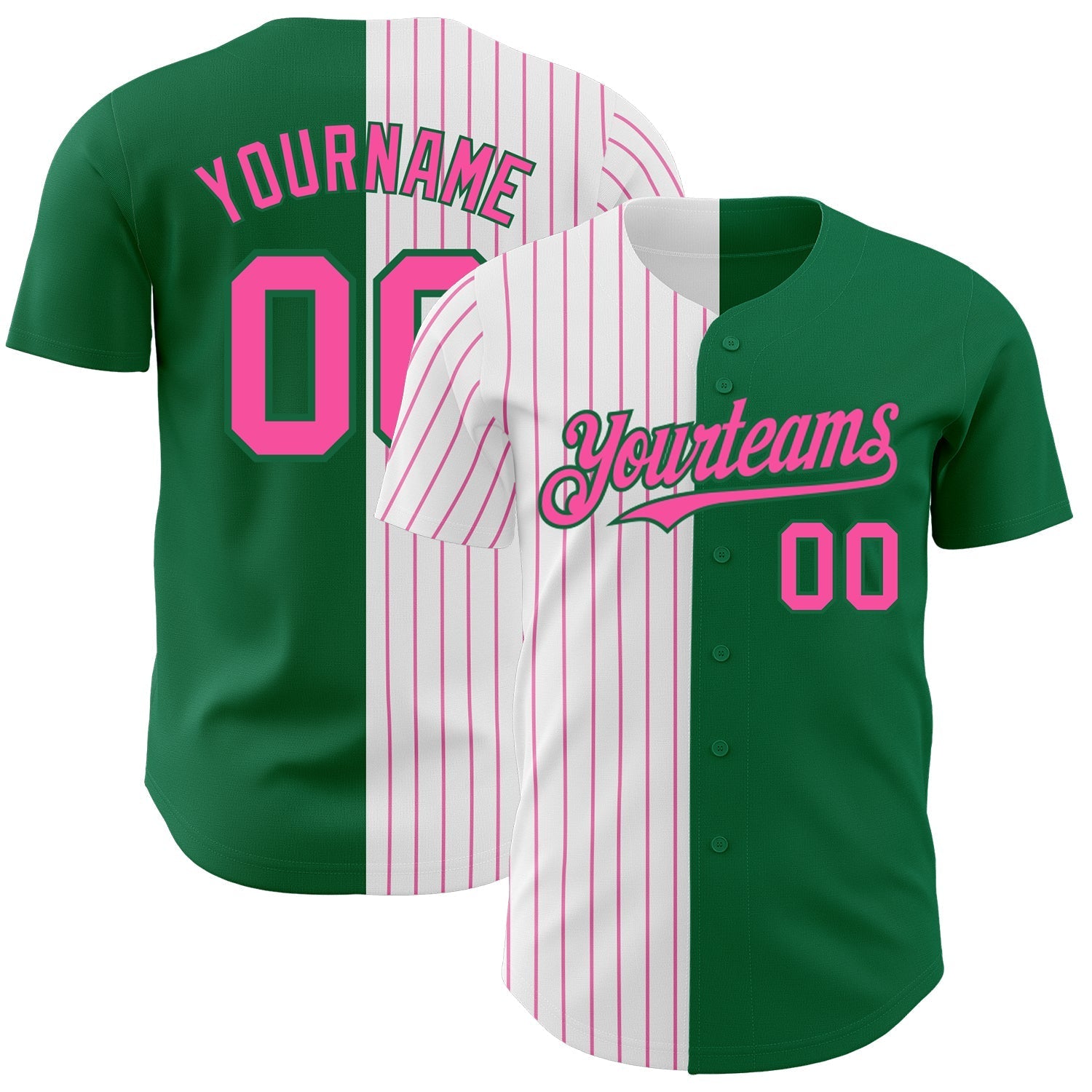Custom Kelly Green White-Pink Pinstripe Authentic Split Fashion Baseball Jersey baseball jersey product view 1