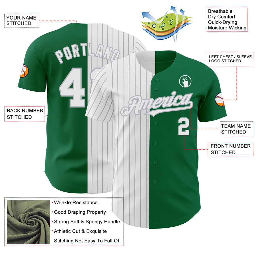 Custom Kelly Green White-Gray Pinstripe Authentic Split Fashion Baseball Jersey baseball jersey product view 3