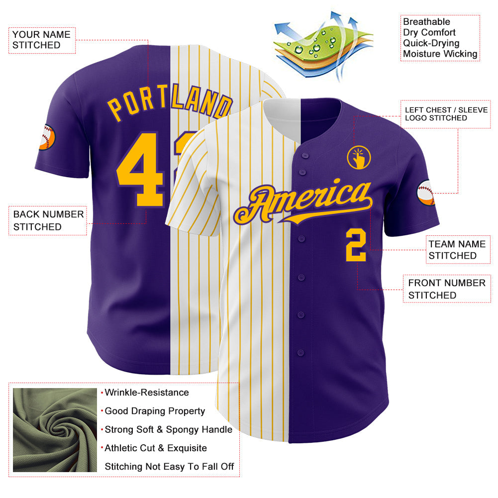 Custom Purple White-Gold Pinstripe Authentic Split Fashion Baseball Jersey baseball jersey product view 4