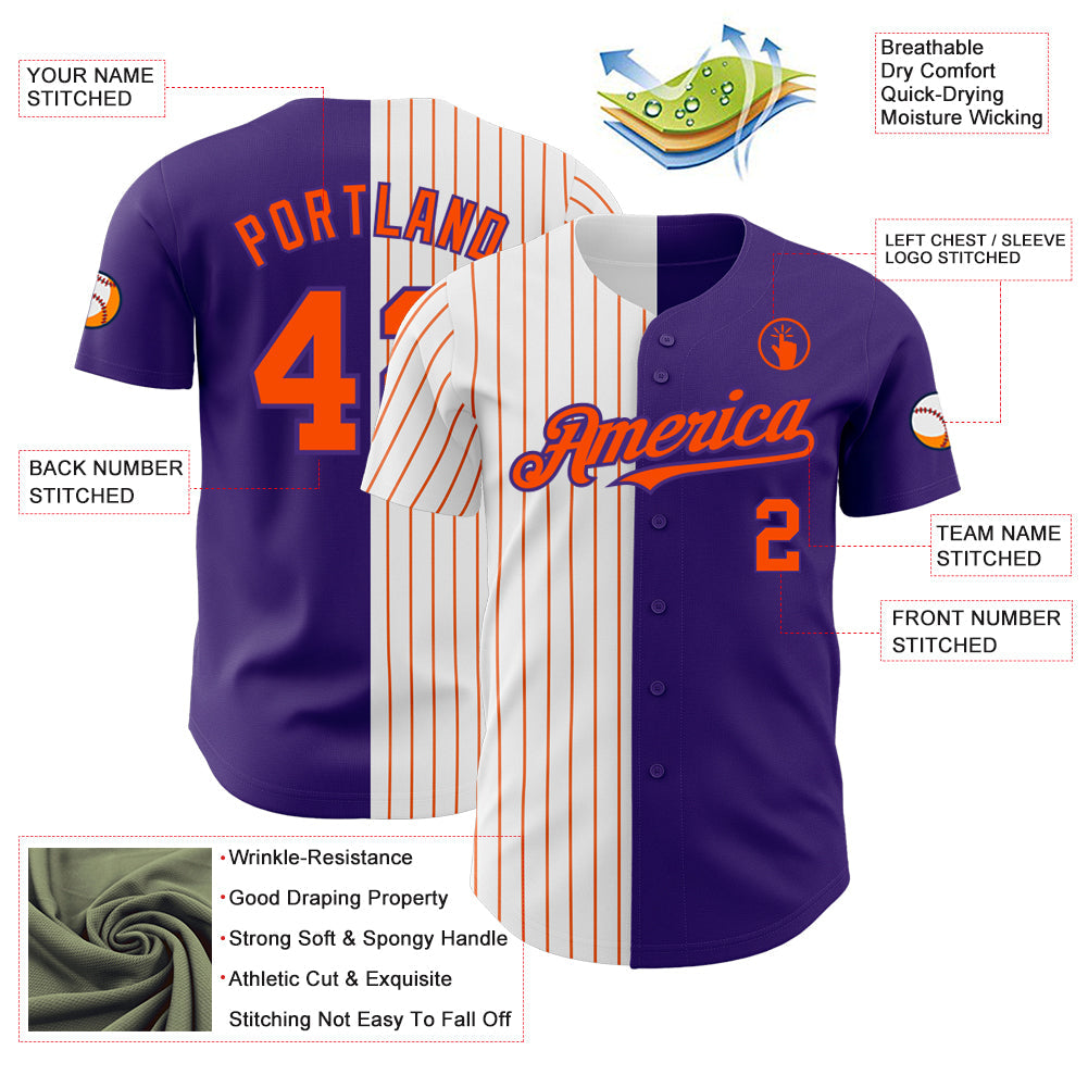 Custom Purple White-Orange Pinstripe Authentic Split Fashion Baseball Jersey baseball jersey product view 3