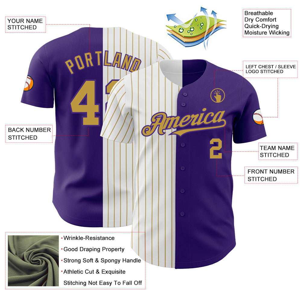 Custom Purple White-Old Gold Pinstripe Authentic Split Fashion Baseball Jersey baseball jersey product view 3