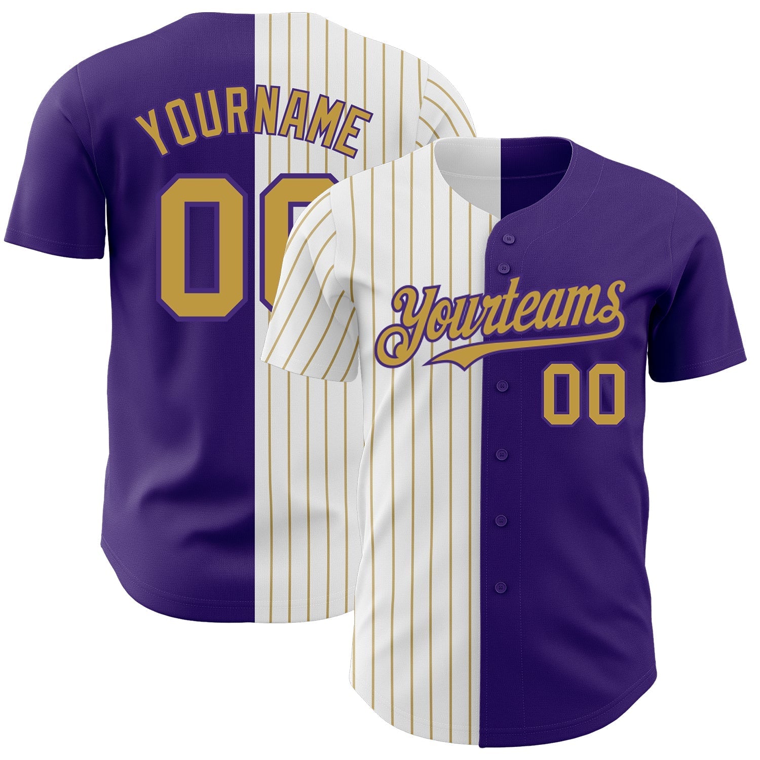 Custom Purple White-Old Gold Pinstripe Authentic Split Fashion Baseball Jersey baseball jersey product view 1