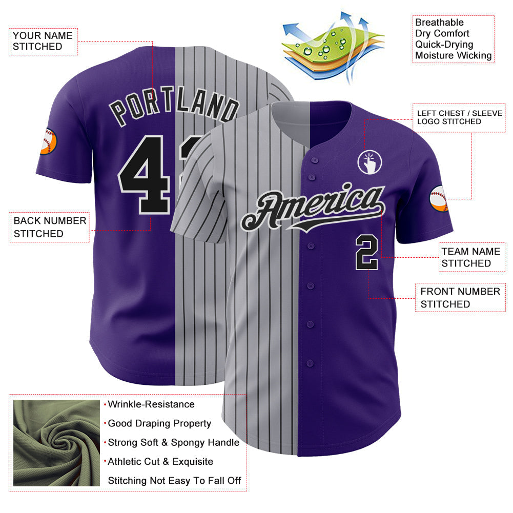 Custom Purple Gray-Black Pinstripe Authentic Split Fashion Baseball Jersey baseball jersey product view 3